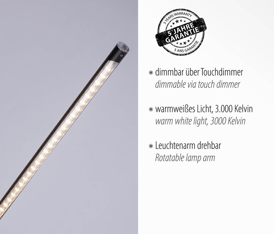 Detail der Stehleuchte »Dawda« mit warmweißem Licht und drehbarem Leuchtenarm.