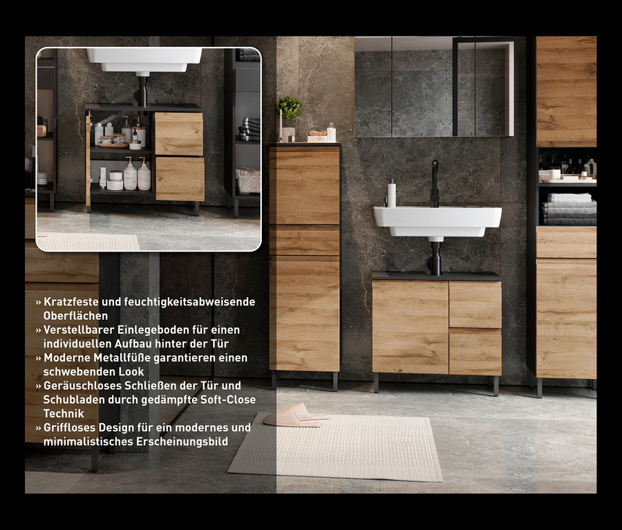 Badezimmer mit Waschbecken, Spiegel und Schränken in Grau- und Holztönen. Waschbeckenunterschrank »Salinas«, klein, graphit/eiche