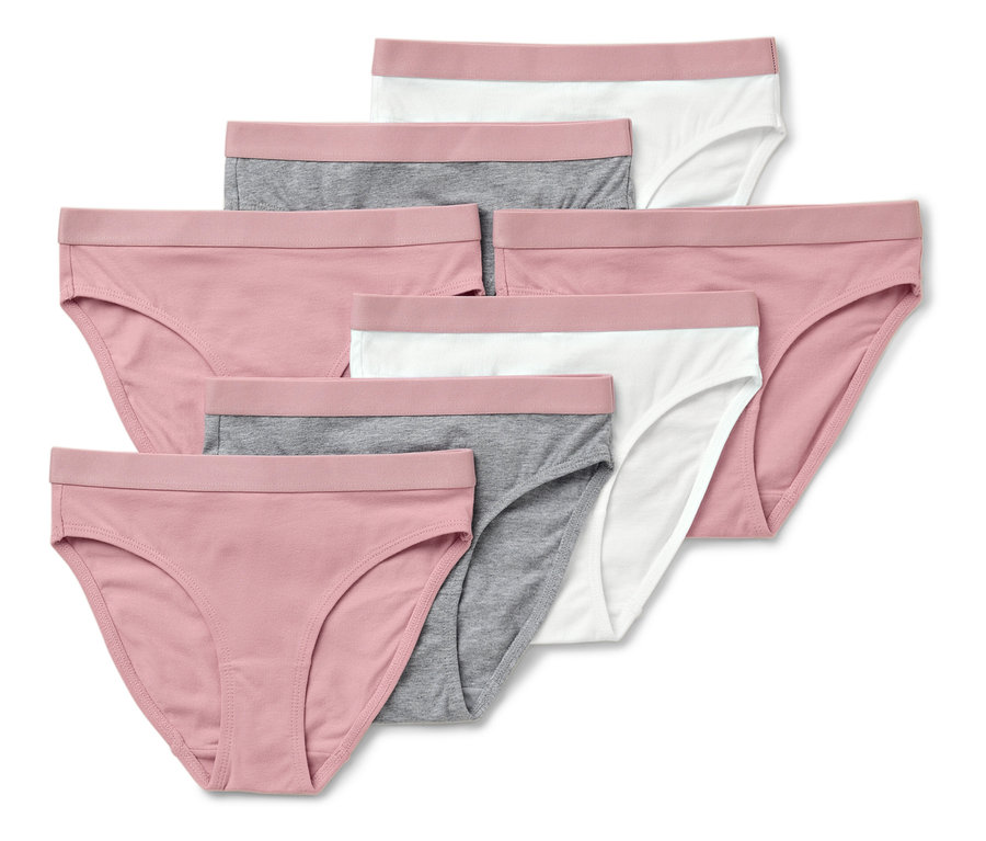 Ein Set aus sieben klassischen Slips in Rosa, Grau und Weiß.