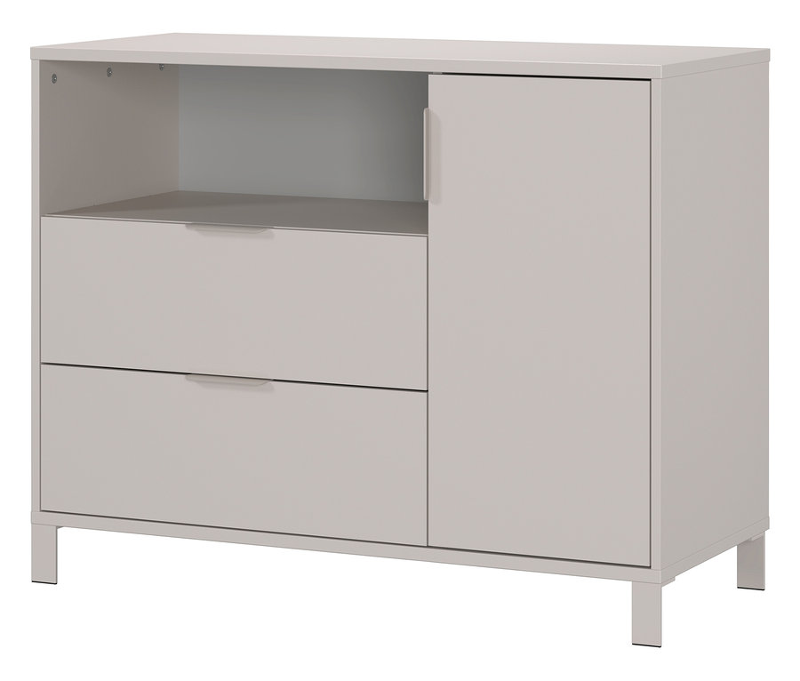 Breite, hellgraue Wickelkommode »Alkmaar« mit zwei Schubladen und einem Schrank.