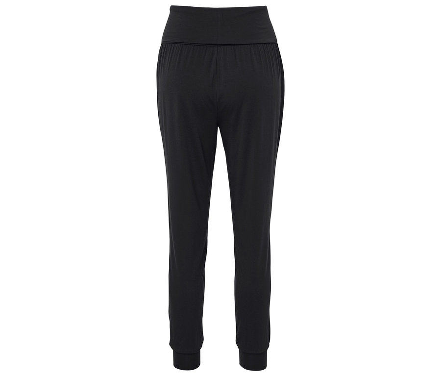 Schwarze Jogginghose mit hohem Bund und Knöchelbündchen.