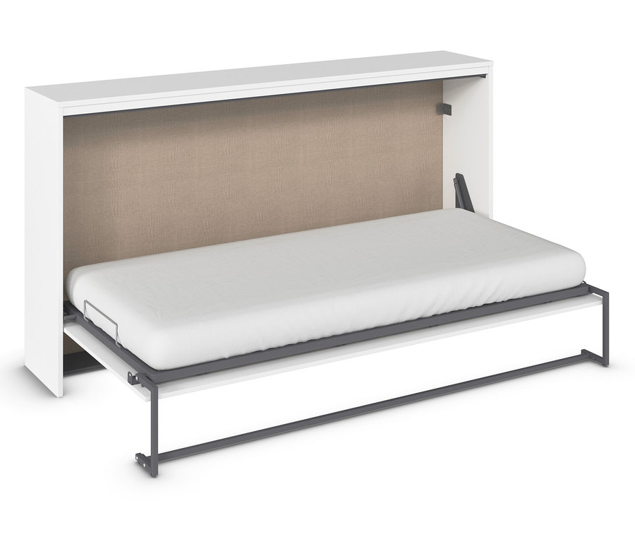 Weißes rauch Klappbett »Sucre« mit beigem Stoffhintergrund.