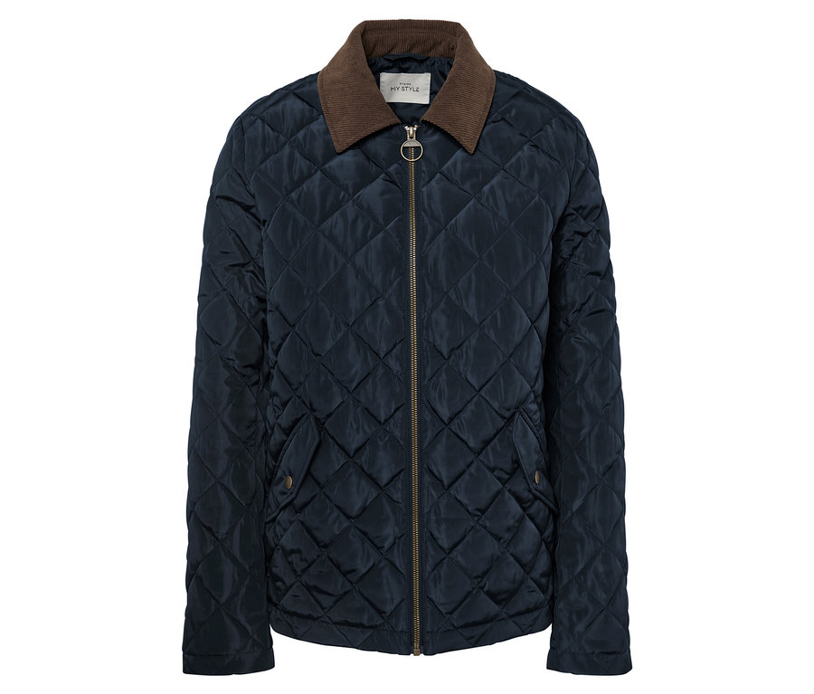 Dunkelblaue Steppjacke mit braunem Cordkragen und goldenem Reißverschluss.