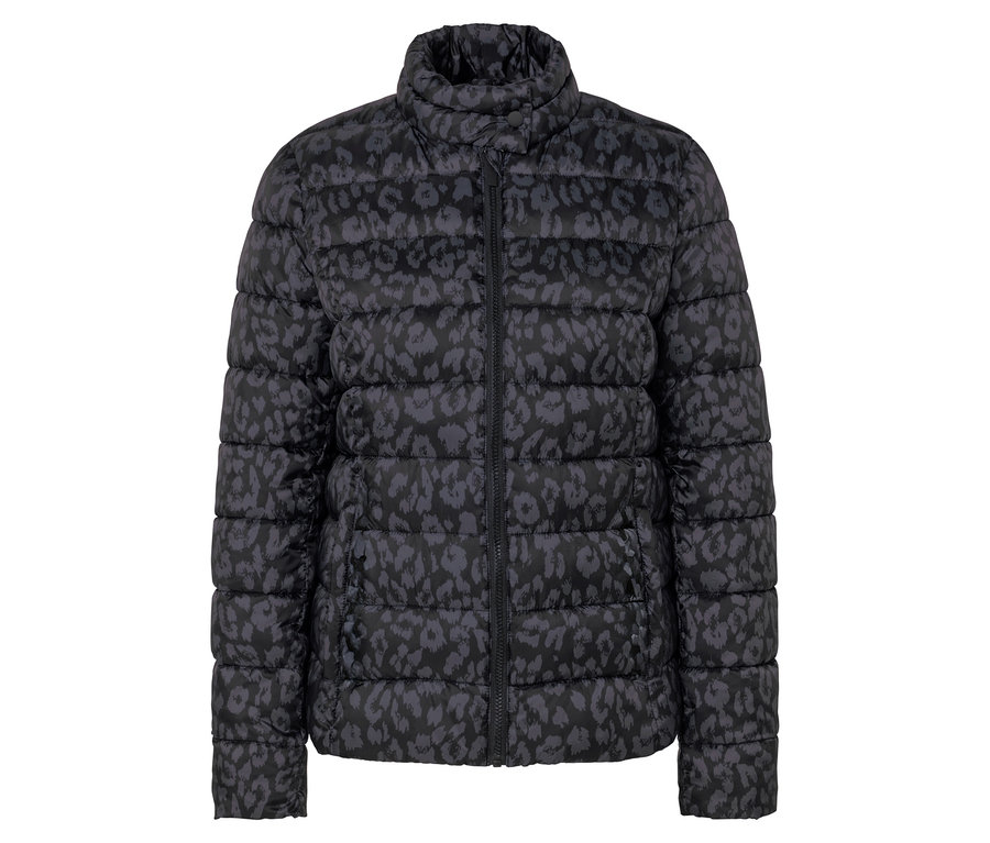 Schwarze Steppjacke mit Tiermuster.