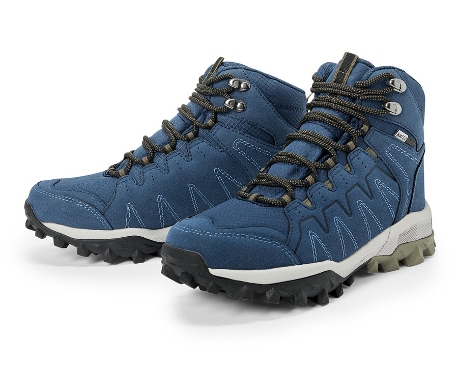 Zwei blaue Wanderschuhe mit grauen Schnürsenkeln und schwarzer Sohle.