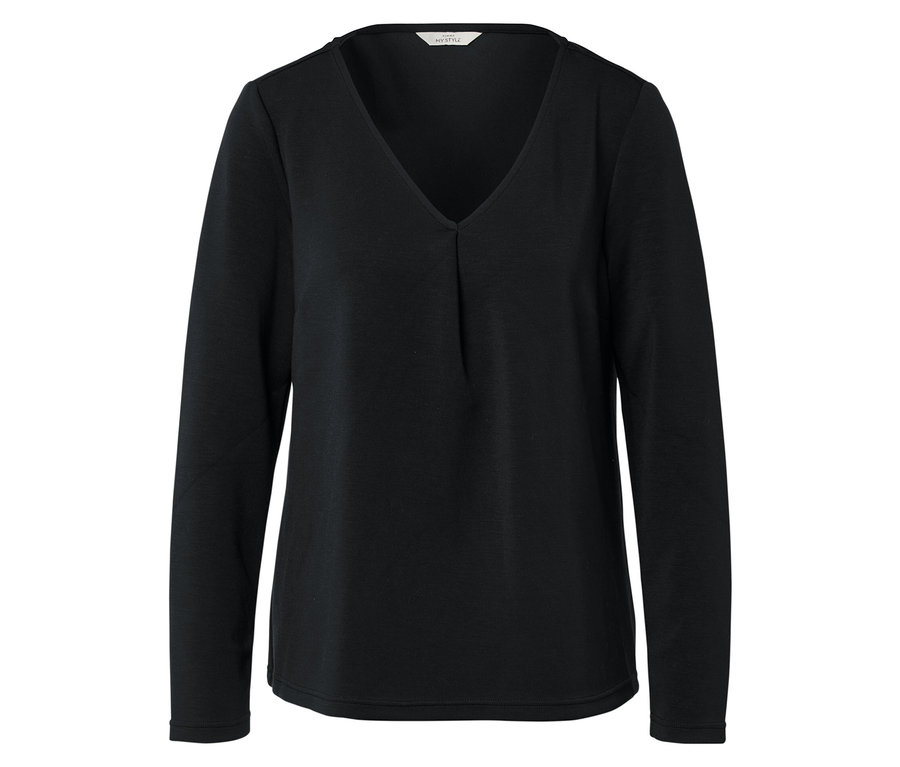 Schwarze Langarmbluse mit V-Ausschnitt.