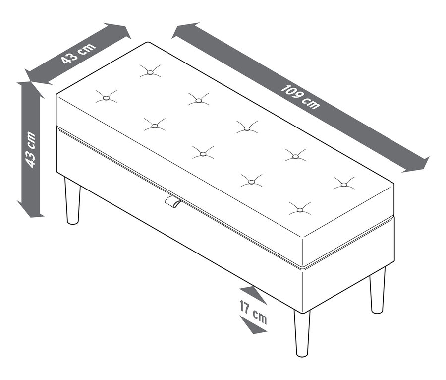 Abbildung einer Stauraum-Polsterbank mit den Massen 43 x 43 x 109 cm und einer Fuss Höhe von 17 cm.