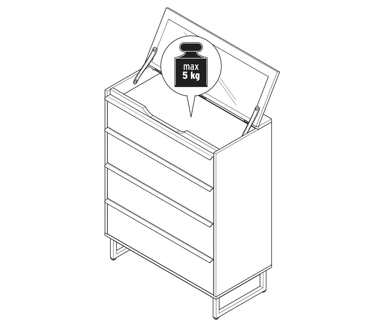 Eine Kommode »LEEG« mit 4 Schubladen und Spiegel, wobei die oberste Schublade geöffnet ist.