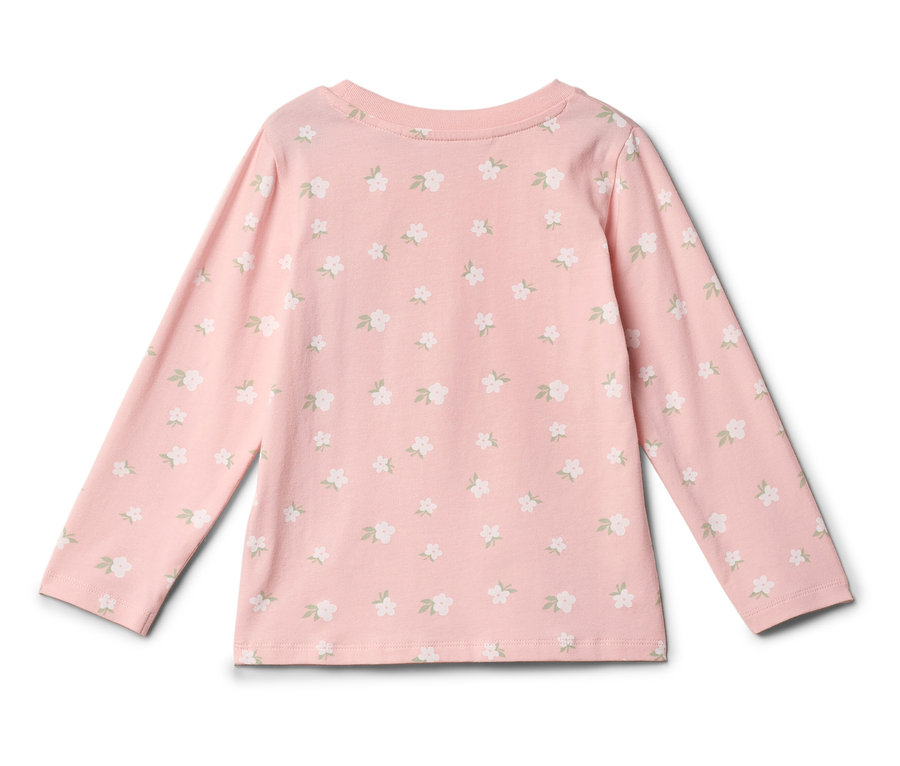 Langärmliges, hellrosa Oberteil mit weißem Blumenmuster.