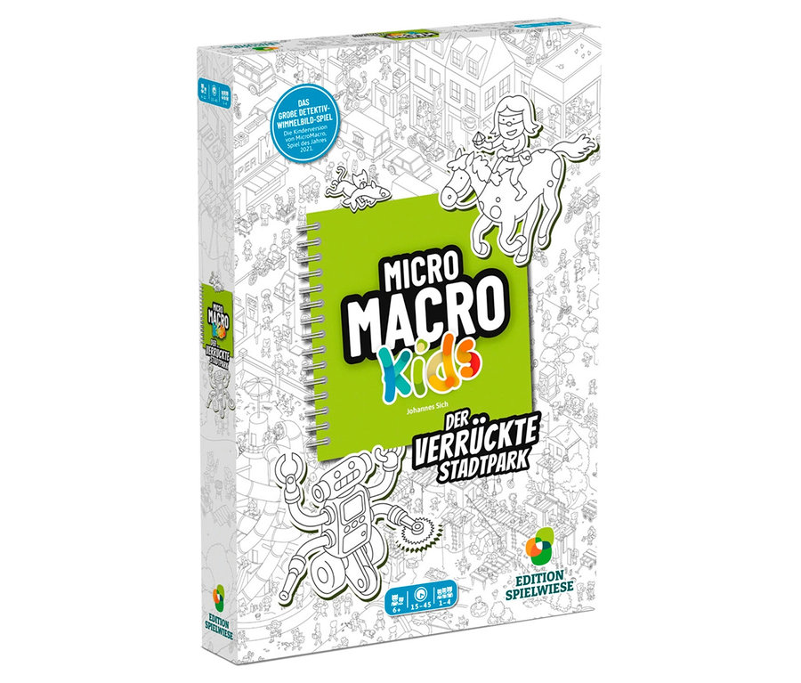 Das Cover des Spiels MicroMacro Kids: Der verrückte Stadtpark zeigt eine gezeichnete Stadt voller Menschen und ein grünes Notizbuch mit dem Titel. Darüber reitet ein Mädchen auf einem Pferd.