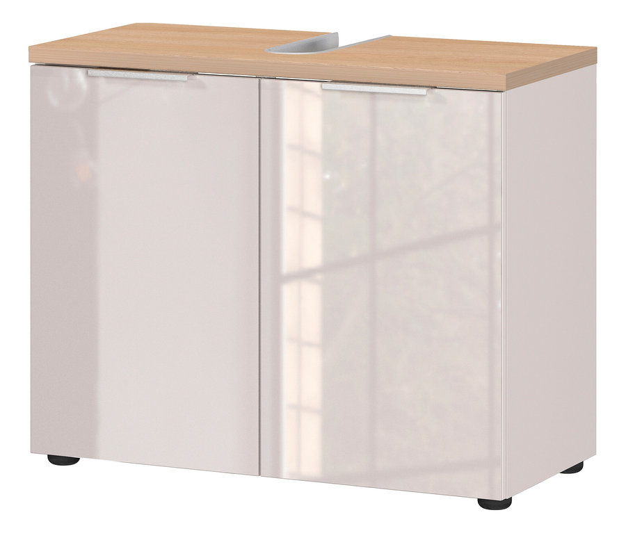 Weißer Waschbeckenunterschrank mit hellbrauner Holzplatte und zwei Türen.