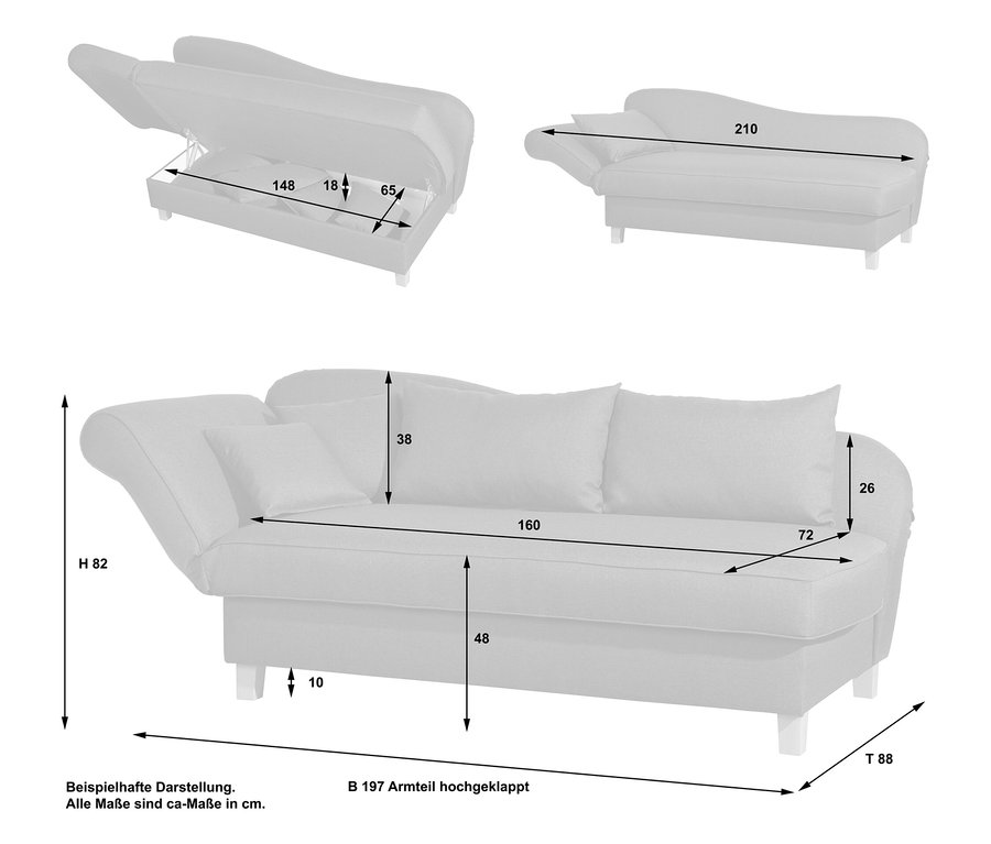Skizze der Recamiere »Saturn« mit Stauraum, links, gestreift, mit Maßangaben zu Höhe, Breite und Tiefe, sowie Details zum Stauraum.