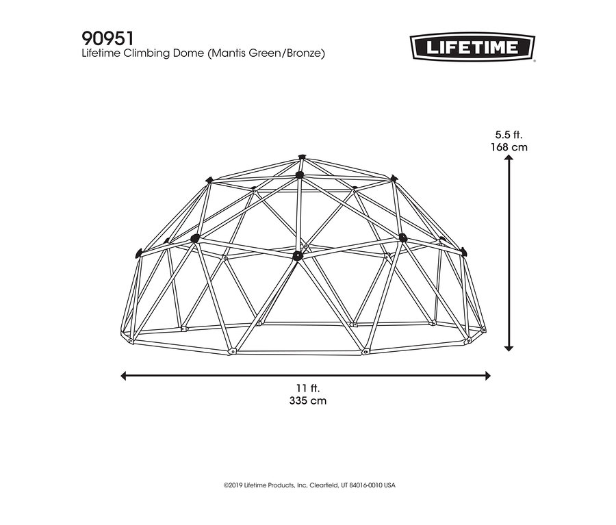 Illustration des LIFETIME-Klettergerüsts »Geodome«, groß, in Mantis Grün/Bronze mit den Maßen 11 Fuß und 5,5 Fuß.