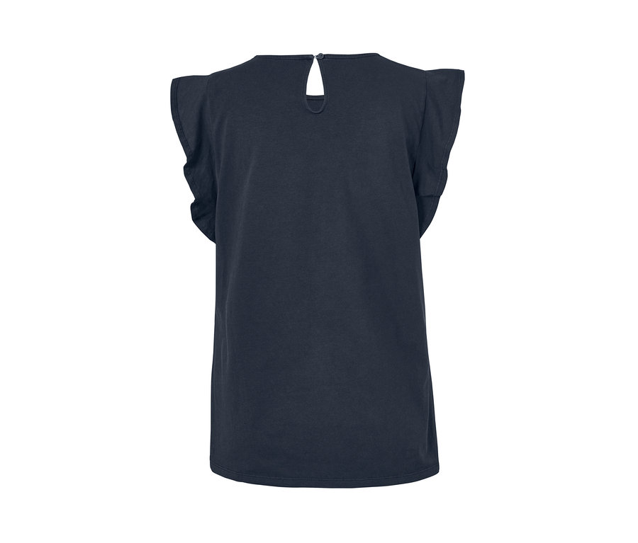 Rückansicht eines der 2 EarthColors®-Damen-Tops. Das dunkelblaue Top hat kurze, geraffte Ärmel.