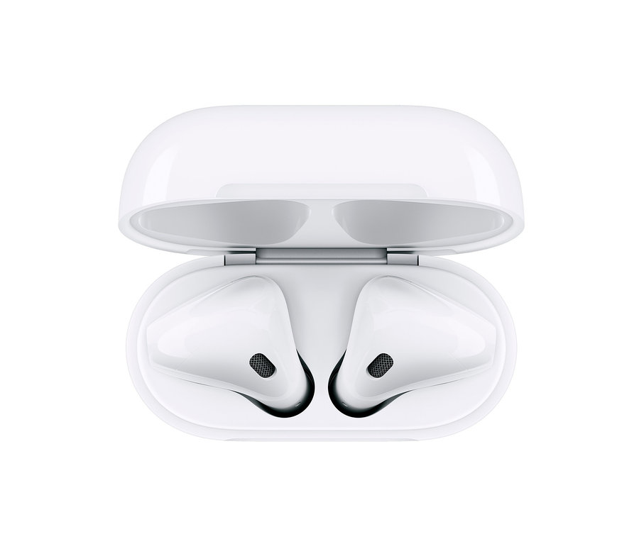 Draufsicht auf ein geöffnetes, weisses Ladecase der Apple AirPods 2. Generation.
