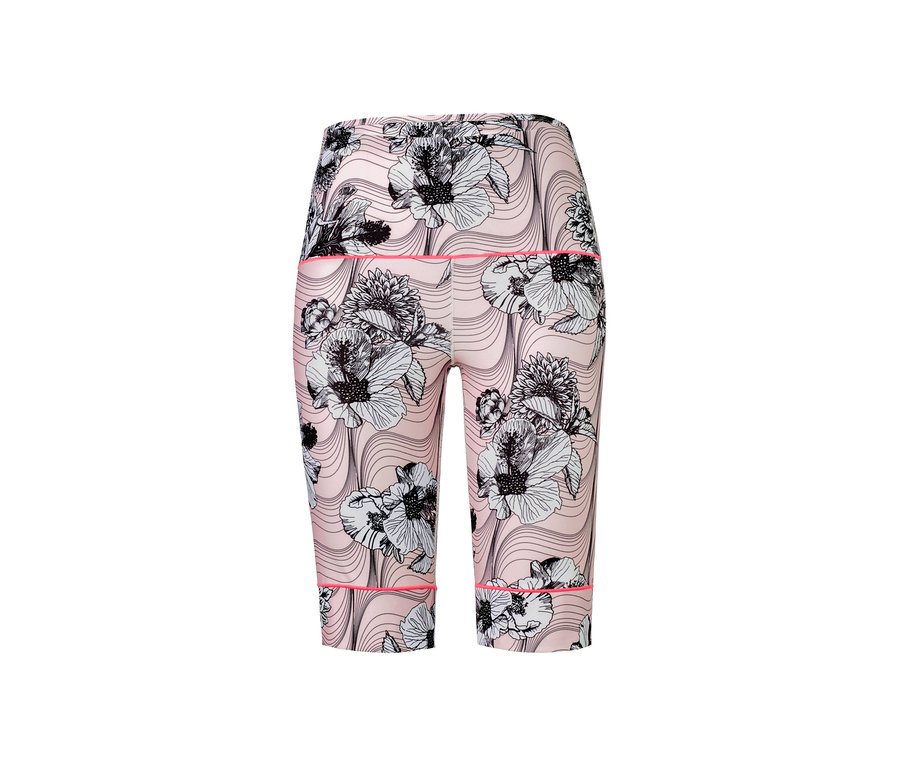 Rosafarbene Funktionsradlerhose mit Blumenmuster.