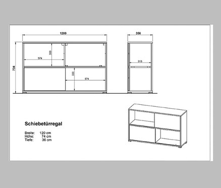 Schema des Germania-Schiebetürregals »GW-ALTINO« mit zwei Regalböden und Schiebetüren, mit Abmessungen.