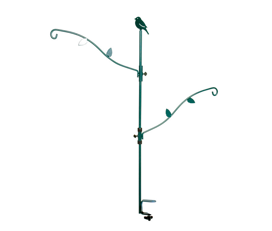 Ein grüner Dobar-Balkonhalter für Futterspender, mit einem dekorativen Vogel oben und Halterungen für Futterspender.