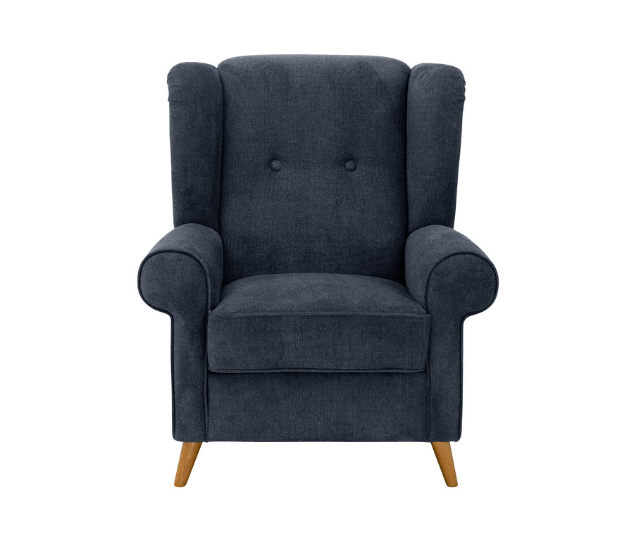 Frontansicht des dunkelblauen Ohrensessels »Anton« mit Armlehnen und Holzfüßen.
