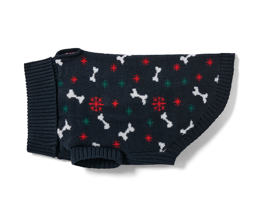Blauer Hundepullover mit Knochen- und Schneeflockenmuster.
