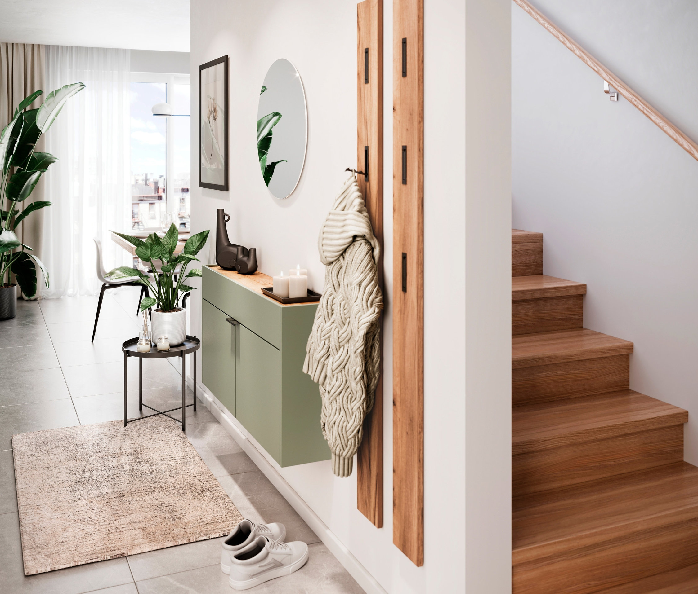 Eingangsbereich mit Mehrzweckschrank Ameca breit, taupegrün und Garderobenpaneel Ameca, Eiche.