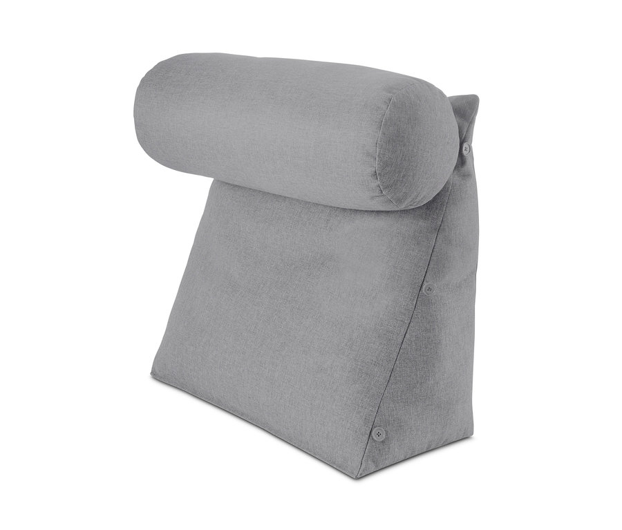 Graues Rückenkissen mit Nackenrolle.