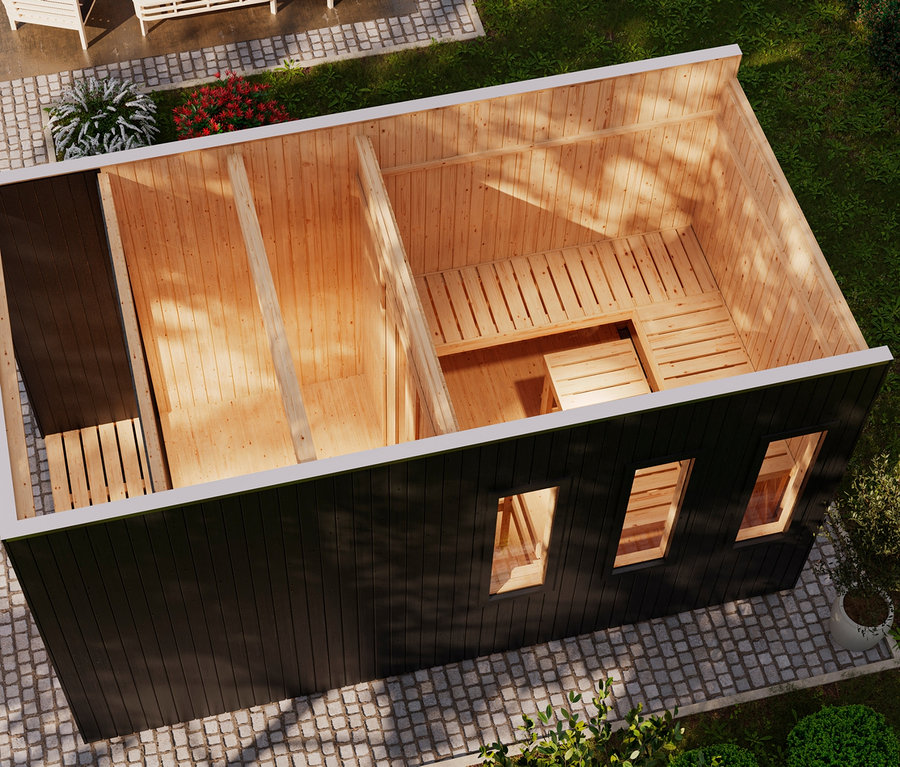 Draufsicht des unvollständigen Karibu Saunahauses »Gwen« mit Holzausstattung und dunkelbraunem Äußeren.