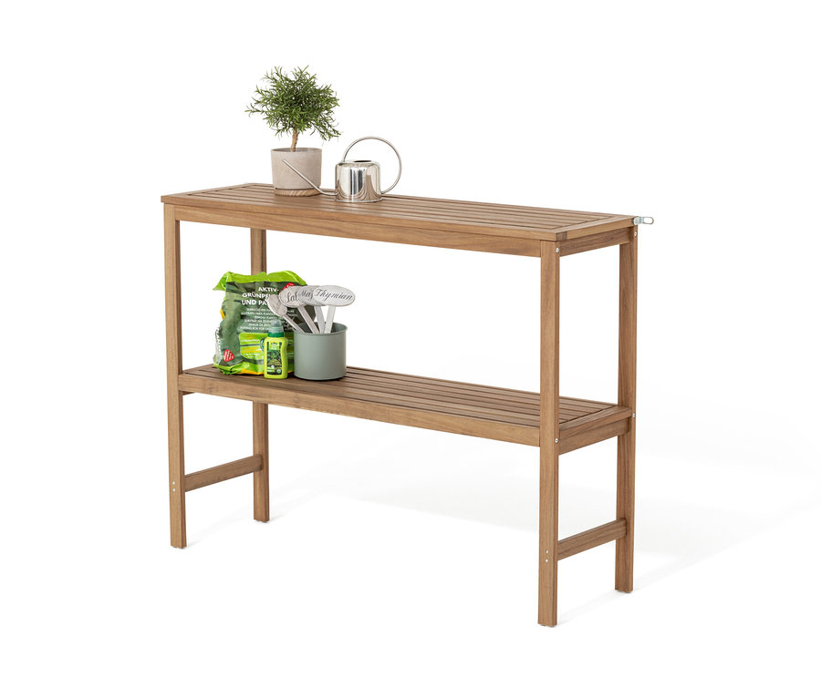 Auf der oberen Ablage der großen Konsole mit 2 Ebenen »Lenja« stehen eine Topfpflanze und eine Gießkanne. Auf der unteren Ablage befinden sich Erde und andere Gartenutensilien.