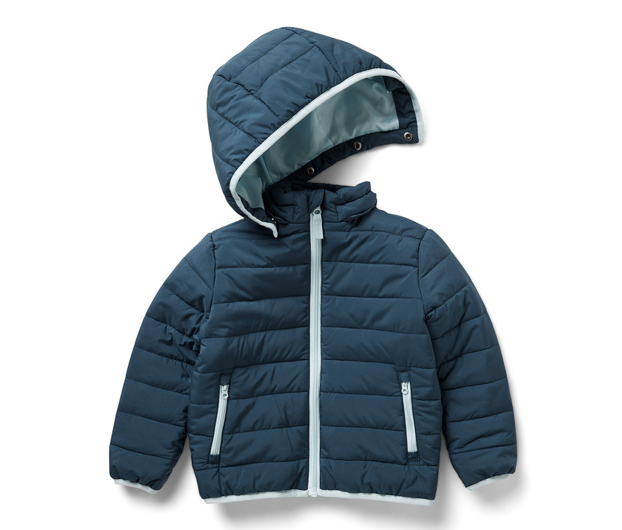 Marineblaue Kinder-Steppjacke mit Kapuze und weißem Reißverschluss.