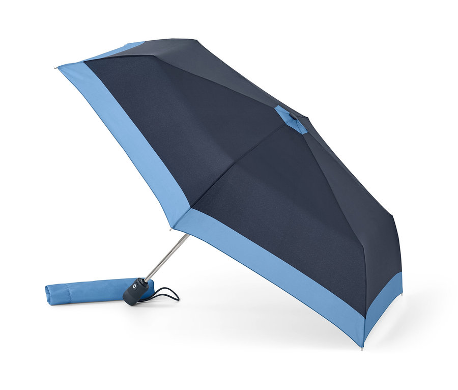 Geöffneter Automatik-Taschenschirm mit Hülle.