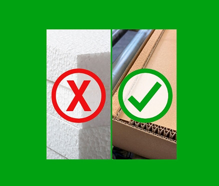 Auf dem Bild sind Styropor, das mit einem roten X gekennzeichnet ist, und Karton, der mit einem grünen Häkchen gekennzeichnet ist, zu sehen.