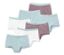 Sieben Kinder-Pantys in Weiß, Mauve und Hellblau.