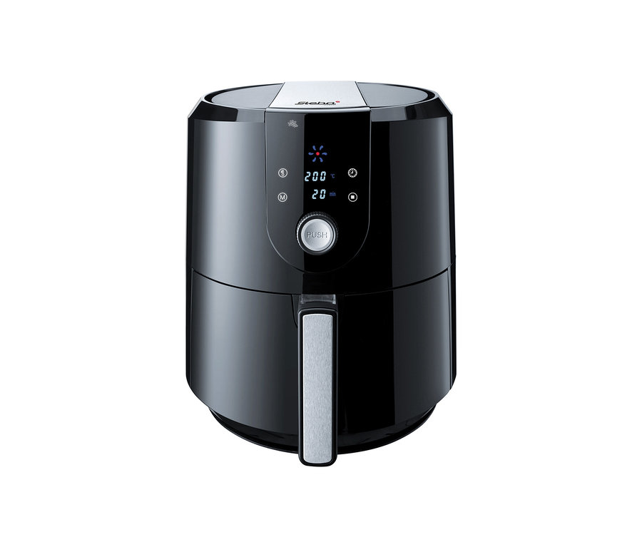 Eine schwarze Steba Heißluftfritteuse »HF 5000« von vorne.