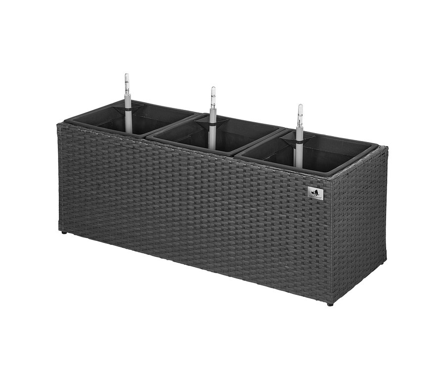 Anthrazitfarbener Pflanzgefäß aus Polyrattan, Breite ca. 102 cm.