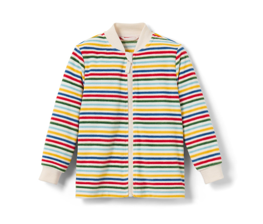 3-in-1-Kinder-Outdoorjacke mit bunten horizontalen Streifen.