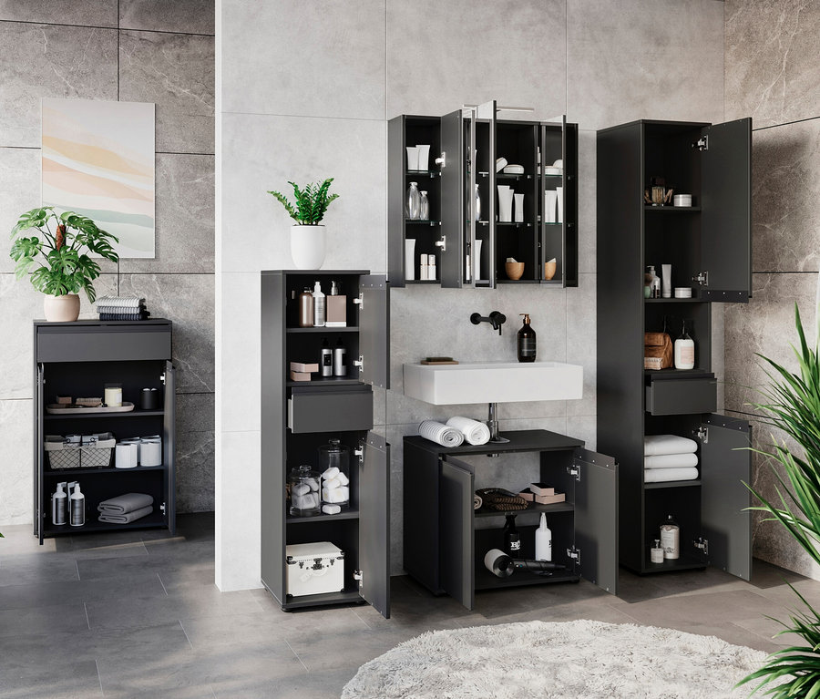 Badezimmer mit Waschbecken, Spiegelschrank und graphitfarbenen Hochschränken »Lemont«.
