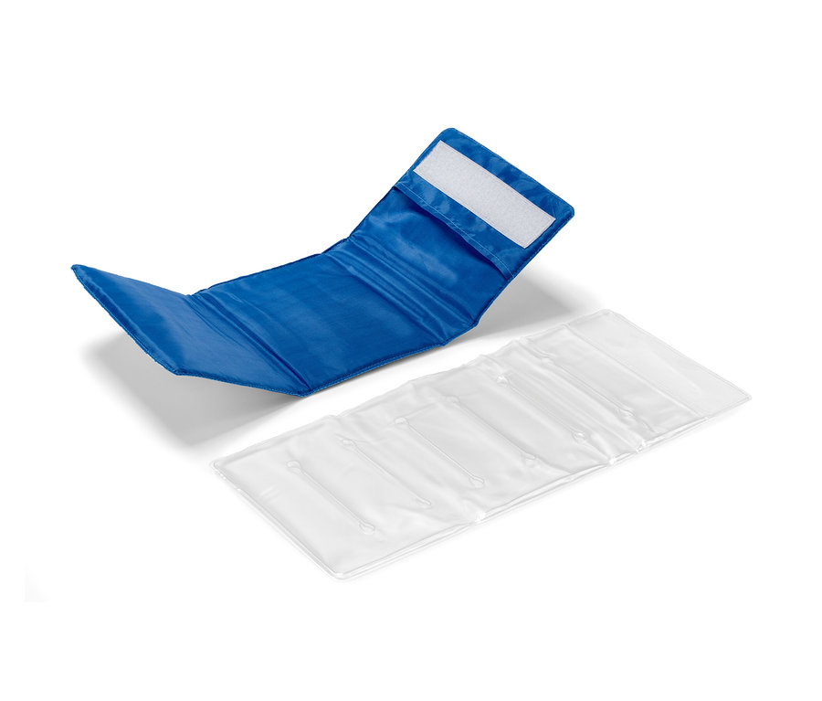 Blaue Flaschen-Kühlmanschette und Kühlakku.