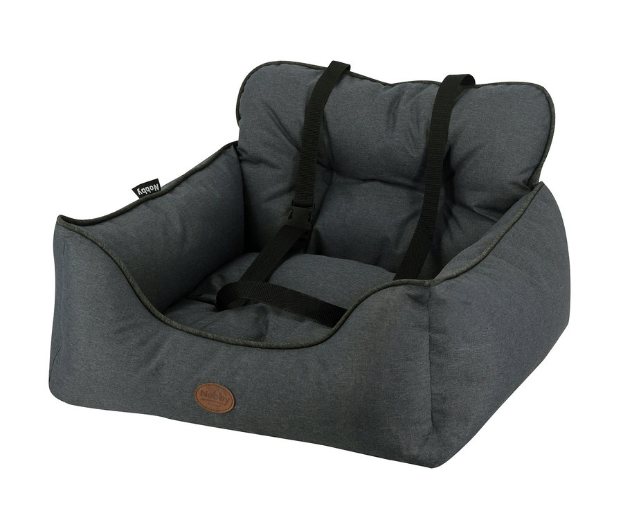 Grauer Hunde-Autositz »KADEK« mit schwarzen Gurten.