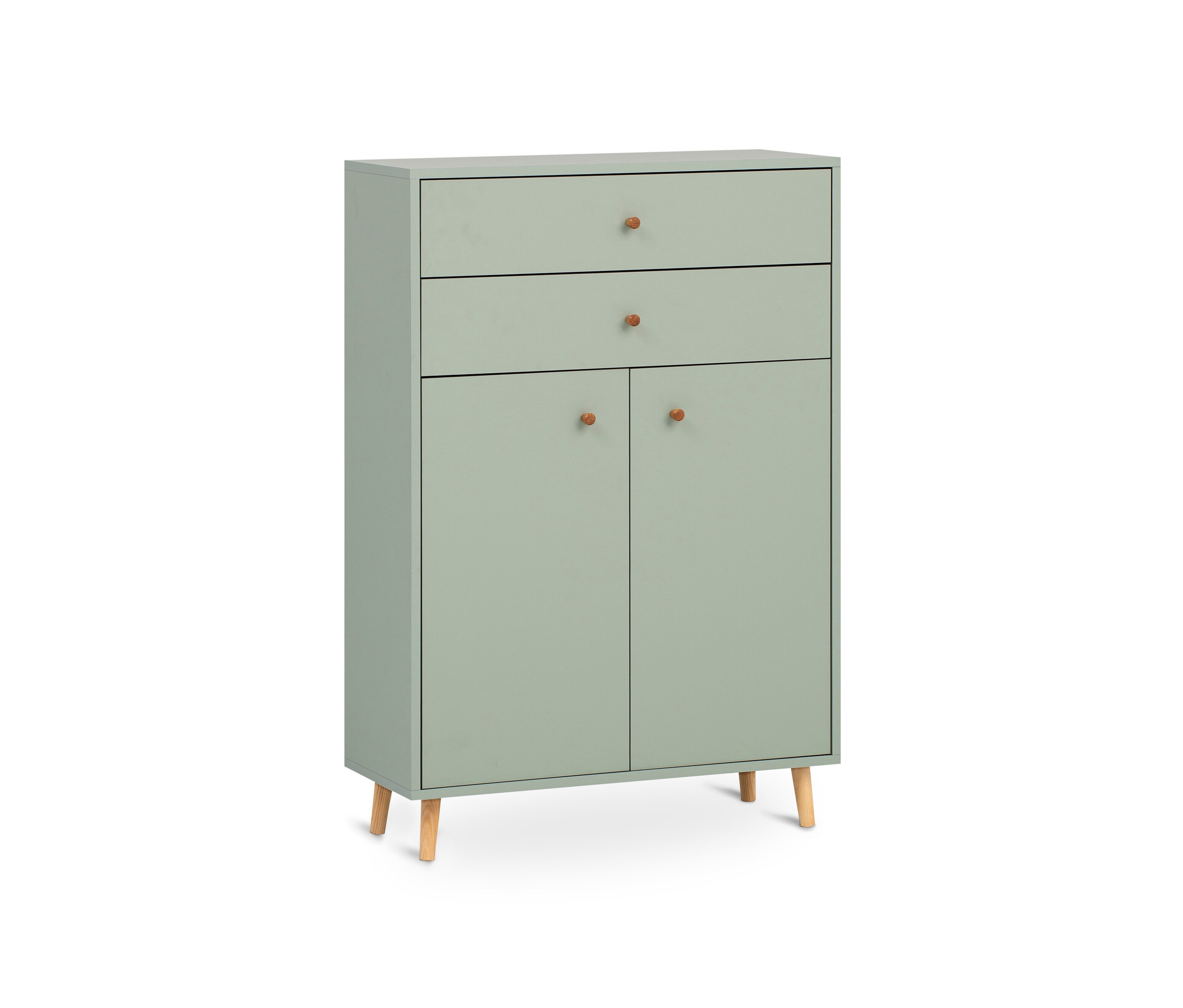 Pistazienfarbene Kommode »Bjarne« mit zwei Schubladen und Türen.