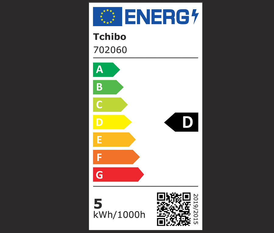 Energielabel mit Effizienzklassen von A bis G, wobei D hervorgehoben ist.