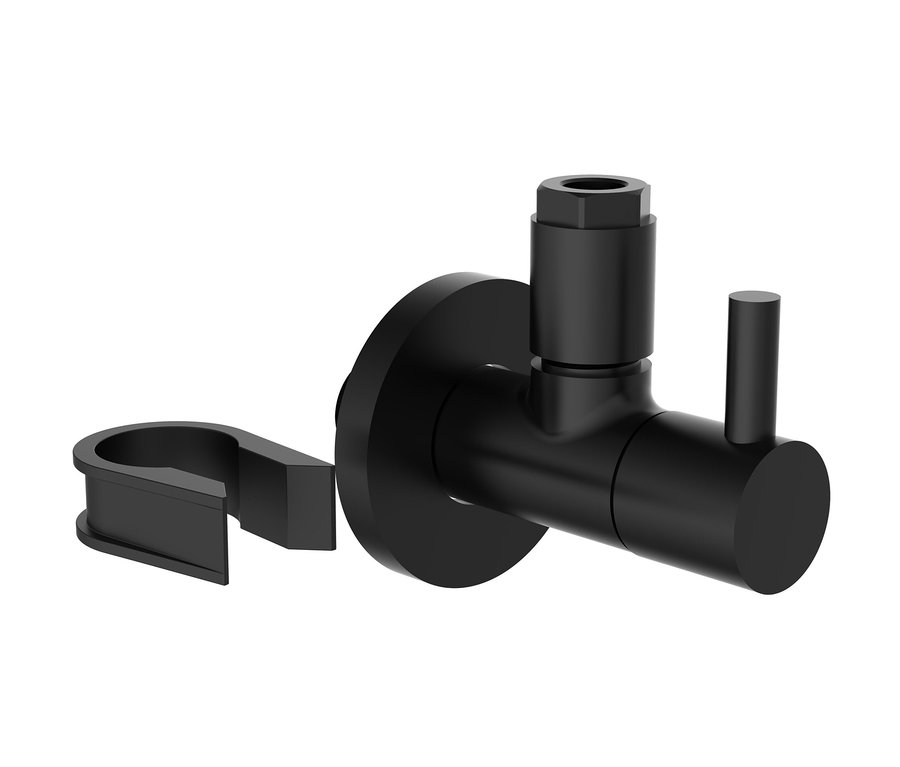 Schwarzes KIRCHHOFF MS Eckventil mit Rosette und Befestigungsclip.