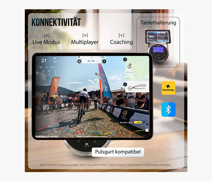 Bildschirm zeigt Radrennen auf Christopeit Sport Crosstrainer-Ergometer »EL 8000«.