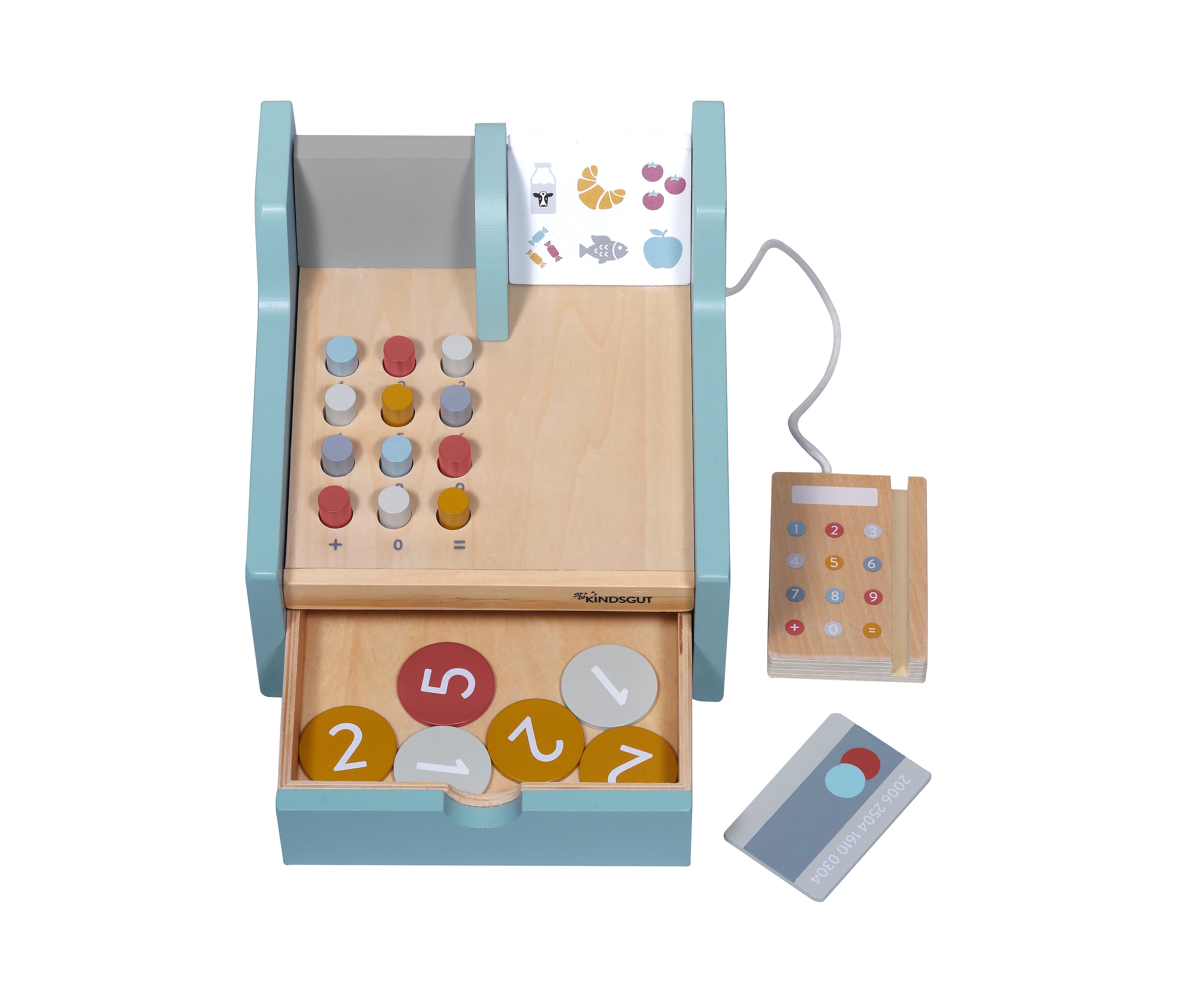 Hölzerne Spielkasse mit Knöpfen, Schublade mit Münzen, Taschenrechner und Karte.