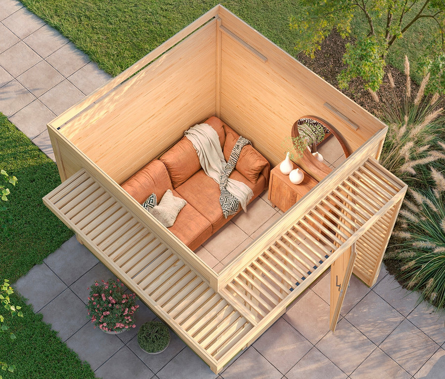 Draufsicht auf Weka Design-Gerätehaus »Pure Garden« mit braunem Sofa, Tisch und Spiegel.
