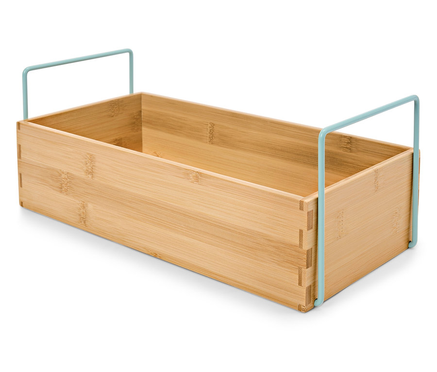 Rechteckige Bambusbox mit hellblauen Griffen.