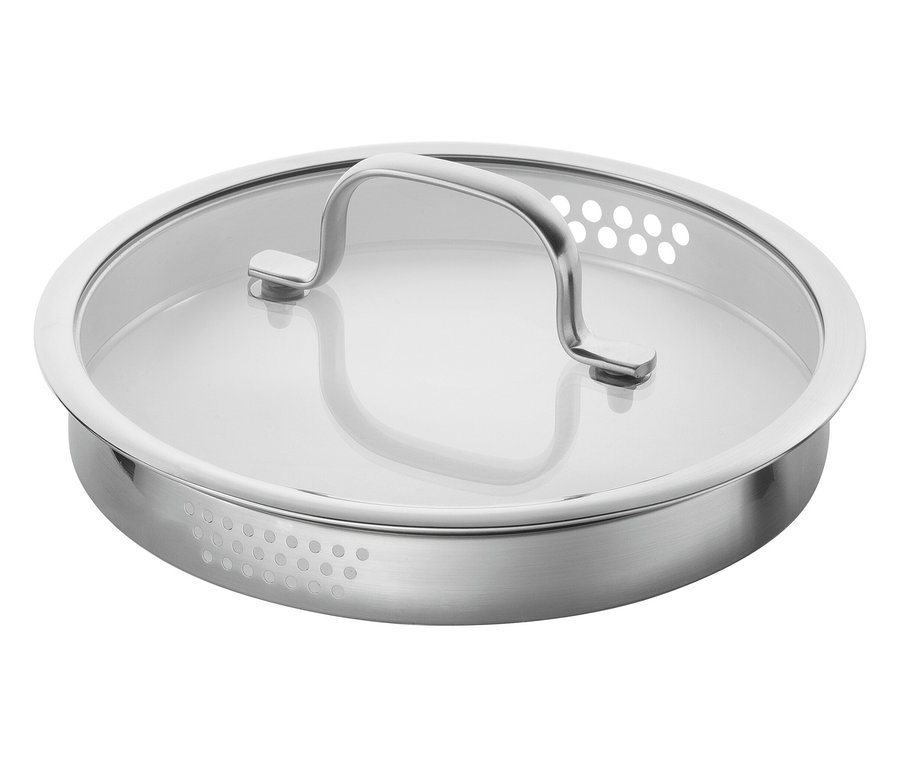 Ein silberfarbener Metalldeckel mit einem durchsichtigen Glaseinsatz und einem Metallgriff.