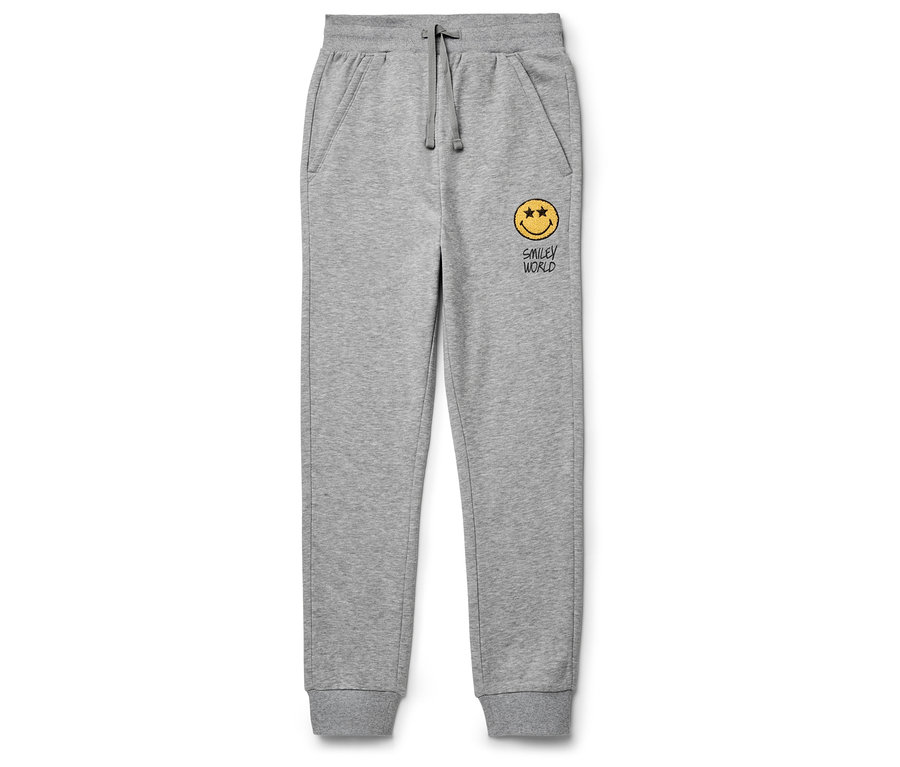 Graue Jogginghose mit gelbem Smiley.