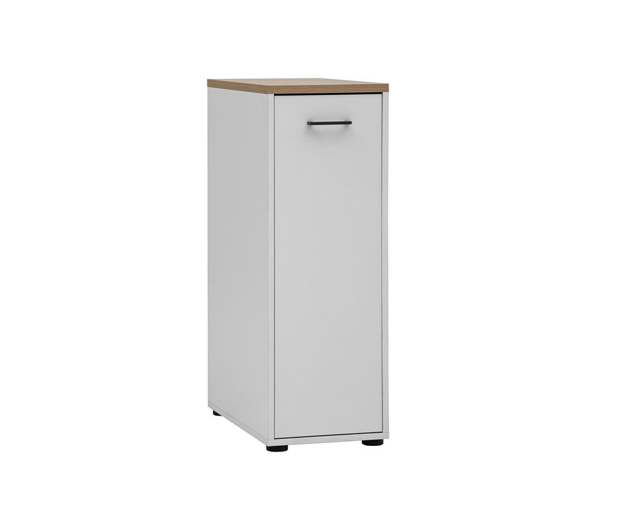 Ein schmaler, matter, weißer Apothekerschrank »Solea« mit einer Holzplatte.