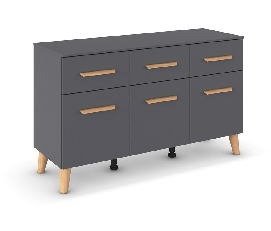 Graue Kommode mit sechs Schubladen und Holzbeinen.