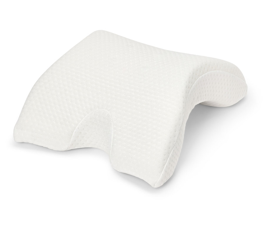 Ein weißes orthopädisches Kissen auf einem weißen Hintergrund.